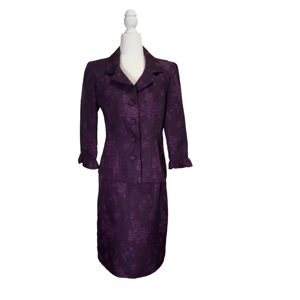 Vintage Jessica Howard Purple Floral Jacquard Skirt Suit‎ Set Size 6 Made in USA
